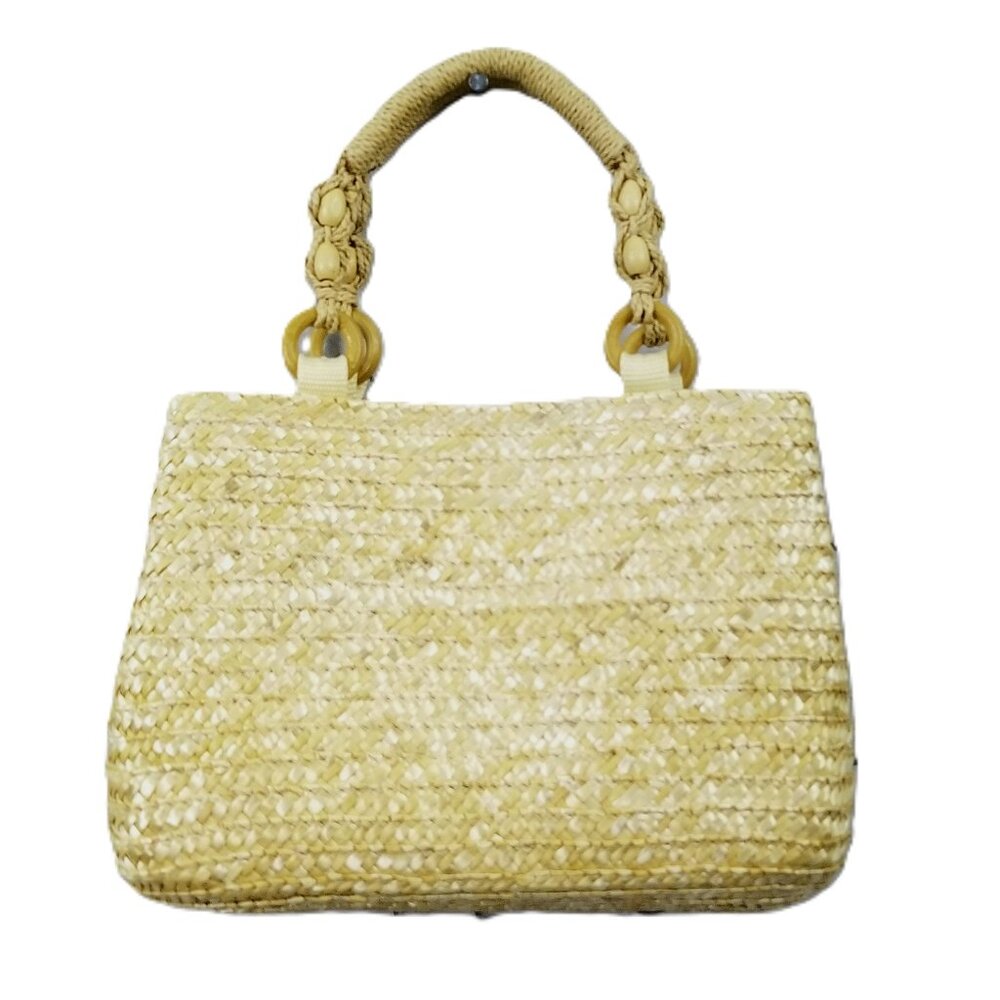 CROFT & BARROW Straw Tote Purse Satchel Handbag, Woven Bag w/Yellow Gingham Lin.